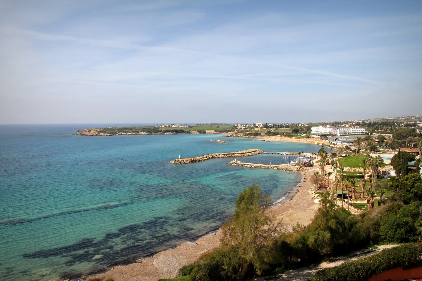 Clear turquoise water and a sunny sky at Coral Bay near Paphos in late February