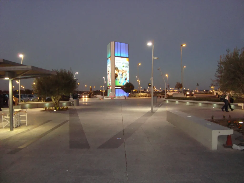 The square outside Larnaca International Airport at dusk, just a few kilometers from the center