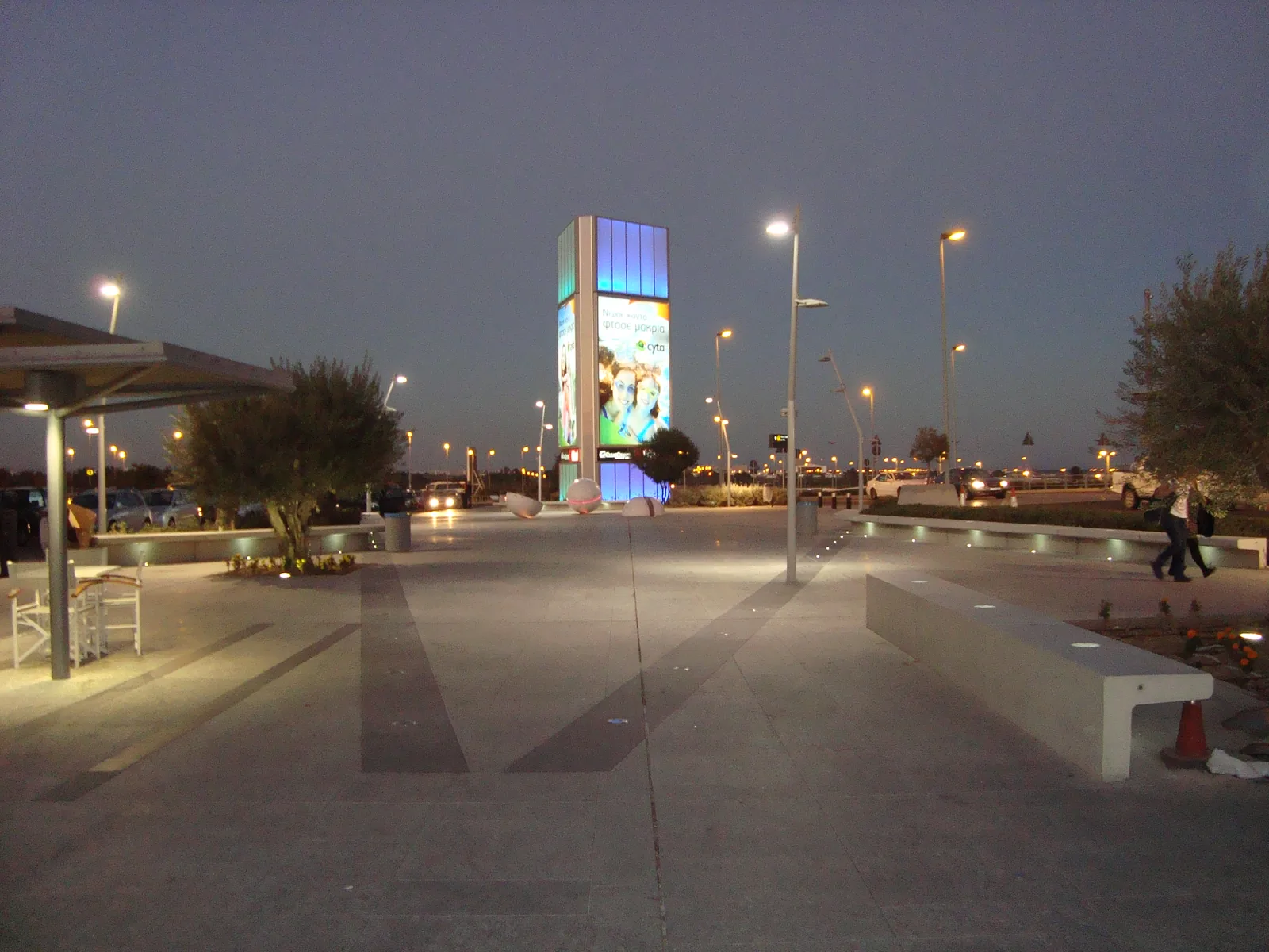 Square outside Larnaca International Airport at dusk