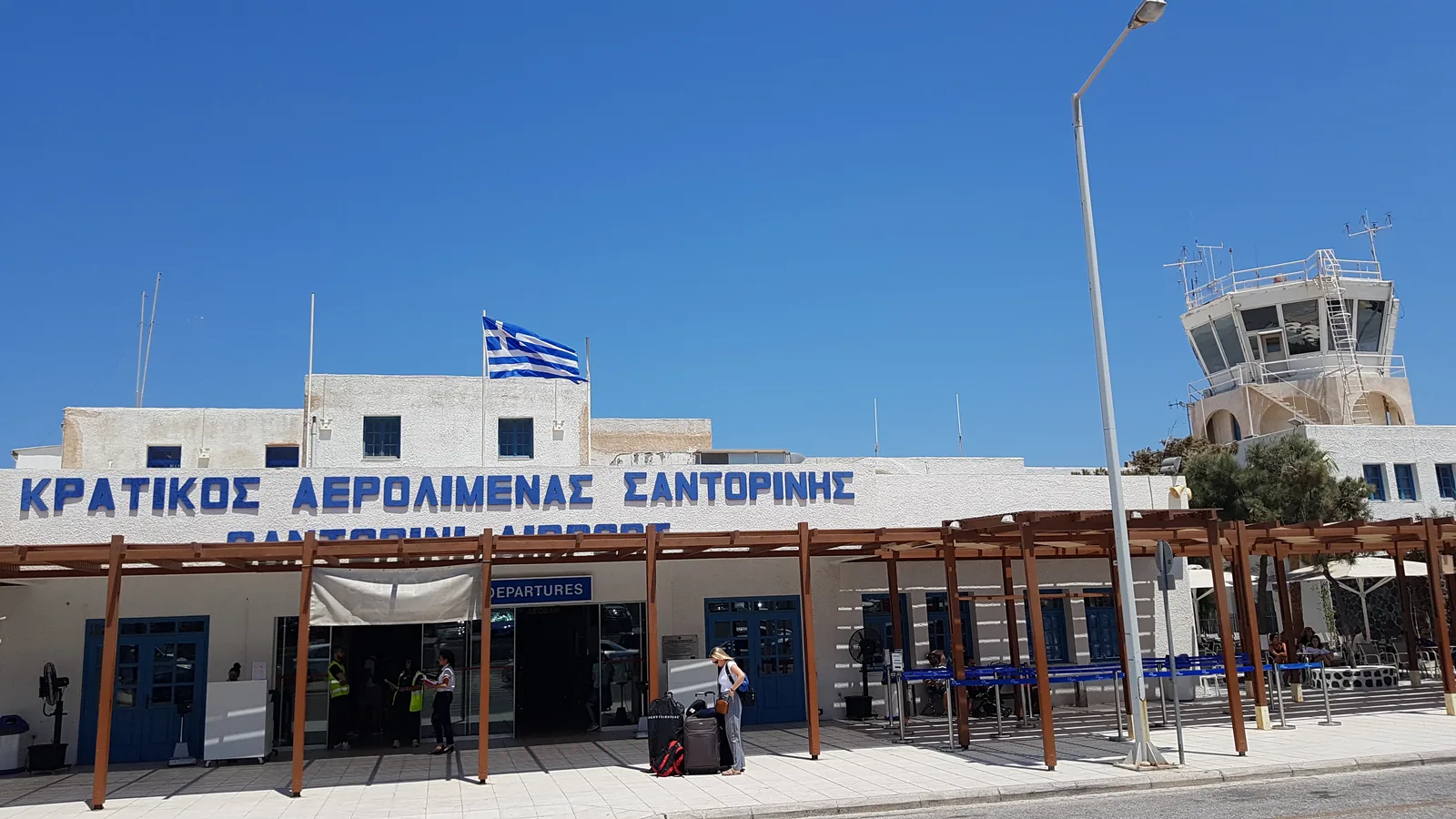 The terminal building of Santorini International Airport with its control tower