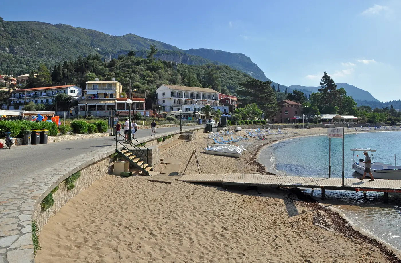 The beach and wooded bay at Paleokastritsa on the west coast of Corfu